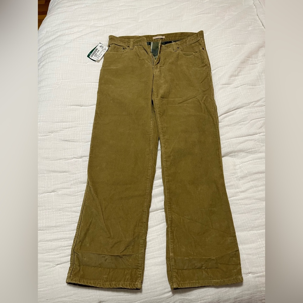 LLBEAN Corduroy DRK Khaki Green Fleece Lined Pants - 38x34